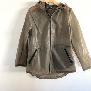 Nautica Olive Light Gray Transparent Hooded Zipper Rain Water Resistant Jacket